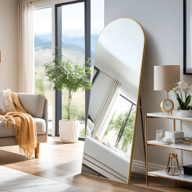 Wooden right angled arched golden full-length mirror with stand 71 * 31 * 1 inch Bathroom Vanity Mirror for Bedroom Entryway, Living/Dressing Roo