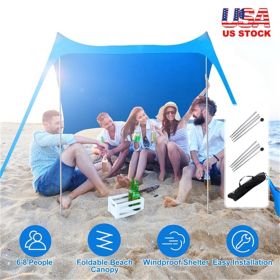 6.5x6.5FT Foldable Beach Canopy Tent Collapsible Shade Sail Sun Protection Windproof Shelter 4 Sandbag 2 Pole Portable Storage Bag Rectangle Blue