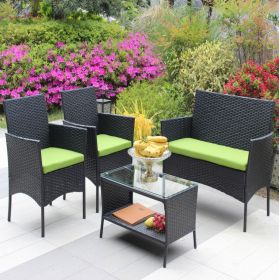 4PC Rattan Patio Furniture Set Outdoor Wicker Sofa W  Green Cushions (Color: Black)