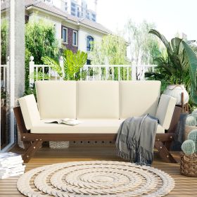 TOPMAX Outdoor Adjustable Patio Wooden Daybed Sofa Chaise Lounge With Cushions For Small Places, Bro (Color: Beige)