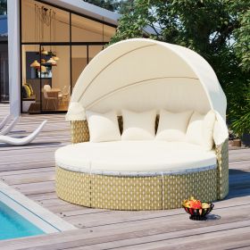 TOPMAX Patio Furniture Round Outdoor Sectional Sofa Set Rattan Daybed Two-Tone Weave Sunbed With Ret (Color: Beige)