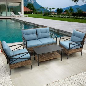 4-Piece Patio Sectional Low Dining Sofa Set - KD Rattan Wicker Outdoor Furniture (Color: Blue)
