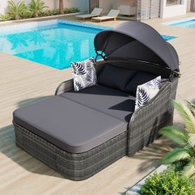 79.9 Outdoor Sunbed With Adjustable Canopy, Double Lounge, PE Rattan, Gray (Option: Gray)