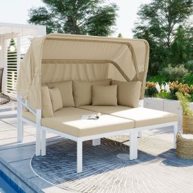 TOPMAX 3-Piece Patio Daybed With Retractable Canopy Outdoor Metal Sectional Sofa Set Sun Lounger Wit (Color: Beige)
