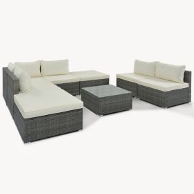 8-Pc Outdoor Patio Furniture Set, Garden Wicker Sofa, Single Sofa Combinable (Color: Beige)