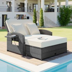 TOPMAX PE Wicker Rattan Double Chaise Lounge, 2-Person Adjustable Daybed (Color: White)