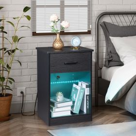 Black Single Drawer Bedside Table With Socket And LED Light (Color: Black)