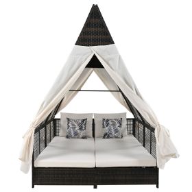 Outdoor Daybed With Adjustable Backrest And Curtains, Double Sun Lounger (Option: Cream)
