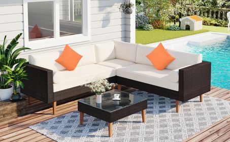4-Piece Outdoor Wicker Sofa Set, L-Shape Patio Furniture With Colorful Pillows (Color: Beige)