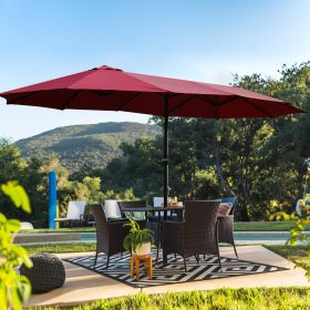 15x9ft Large Double-Sided Rectangular Outdoor Twin Patio Market Umbrella With Light And Base- Red (Color: Red)
