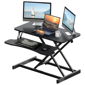 32 Inch Desk Converter, Height Adjustable Sit To Stand Riser, Dual Monitor And Laptop Workstation With Wide Keyboard Tray, White (Color: Black)