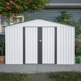10X8 FT Outdoor Storage Shed, All Weather Metal Sheds With Metal Foundation & Lockable Doors, Tool S (Color: White)