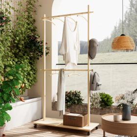 Solid Wood Garment Clothes Rack With 6 Wooden Hangers, Space-Saving Design, Adjustable Shelf, And Wheels For Easy Mobility  Perfect For Bedroom, (Option: Old Pine)
