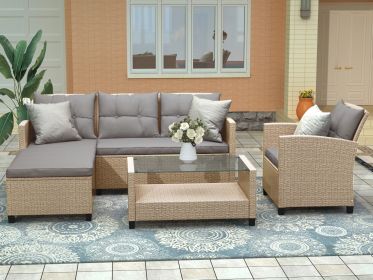 U STYLE Patio Furniture Sets  4PC Wicker Rattan Sofa Conversation Set (Option: Beige brown)
