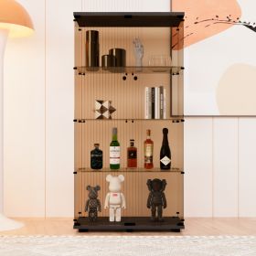 Double Door Brown Glass Display Cabinet With 4 Layers And Door Shelves (Color: Black)
