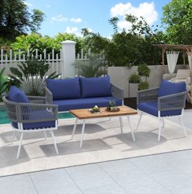 K&K 4-Piece Boho Rope Patio Furniture Set, Outdoor Furniture With Acacia Wood Table, Patio Conversat (Color: Navy Blue)