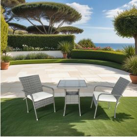 3 Piece Patio Wicker Conversation Set Grey Wicker  White Cushion (Color: Grey)