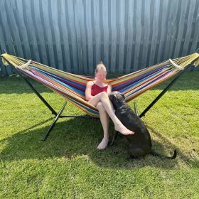 Double Hammock with Stand 450 lb. capacity steel stand, includes premium carry bag and two anti-sway balance beams (Color: Beige)