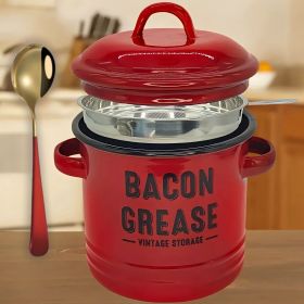 46 oz grease collection with strainer and metal spoon - Large enamel oil tank lid, cooking oil seasoning storage tank (Color: Red)
