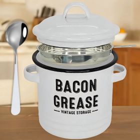 46 oz grease collection with strainer and metal spoon - Large enamel oil tank lid, cooking oil seasoning storage tank (Color: White)