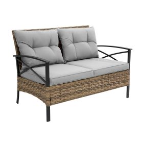 Patio 4Piece Sectional Sofa Set   KD Rattan Wicker Outdoor Garden Furniture (Color: Grey)