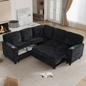 L-Shaped Sofa With Pull Out Sofa Bed, Sleeper Sofa Couch Bed With Storage Seat, 5 Seat Sectional Sofa Bed With USB, Sectional Sofa Couch For Livi (Color: Black)