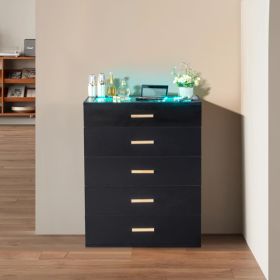 5-drawer Cabinet With Light Tempered Glass Cabinet And Bedside Table (Color: Black)