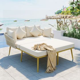 TOPMAX Outdoor Patio Daybed, Nylon Rope Backrest, Washable Cushions (Option: BeigeGold)