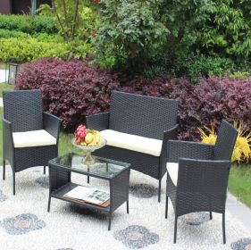 4PC Rattan Patio Set Outdoor Cushioned Wicker Sofa - Beige (Color: Black)