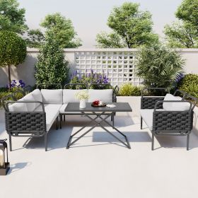 TOPMAX 5  Piece Modern Patio Sectional Sofa Set Outdoor Woven Rope Furniture Set With Glass Table And (Option: GreyBlack)
