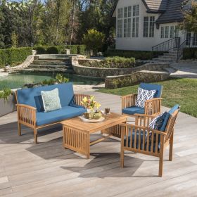 Outdoor Acacia Wood Sofa Set With Water Resistant Cushions, 4-Pcs Set, Brown Patina  Teal Blue (Option: Teal Blue)