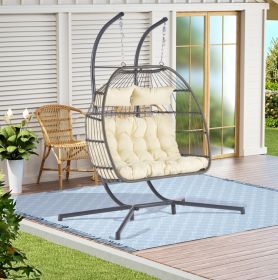 2 Person Outdoor Rattan Hanging Chair Patio Wicker Egg Chair (Color: Beige)